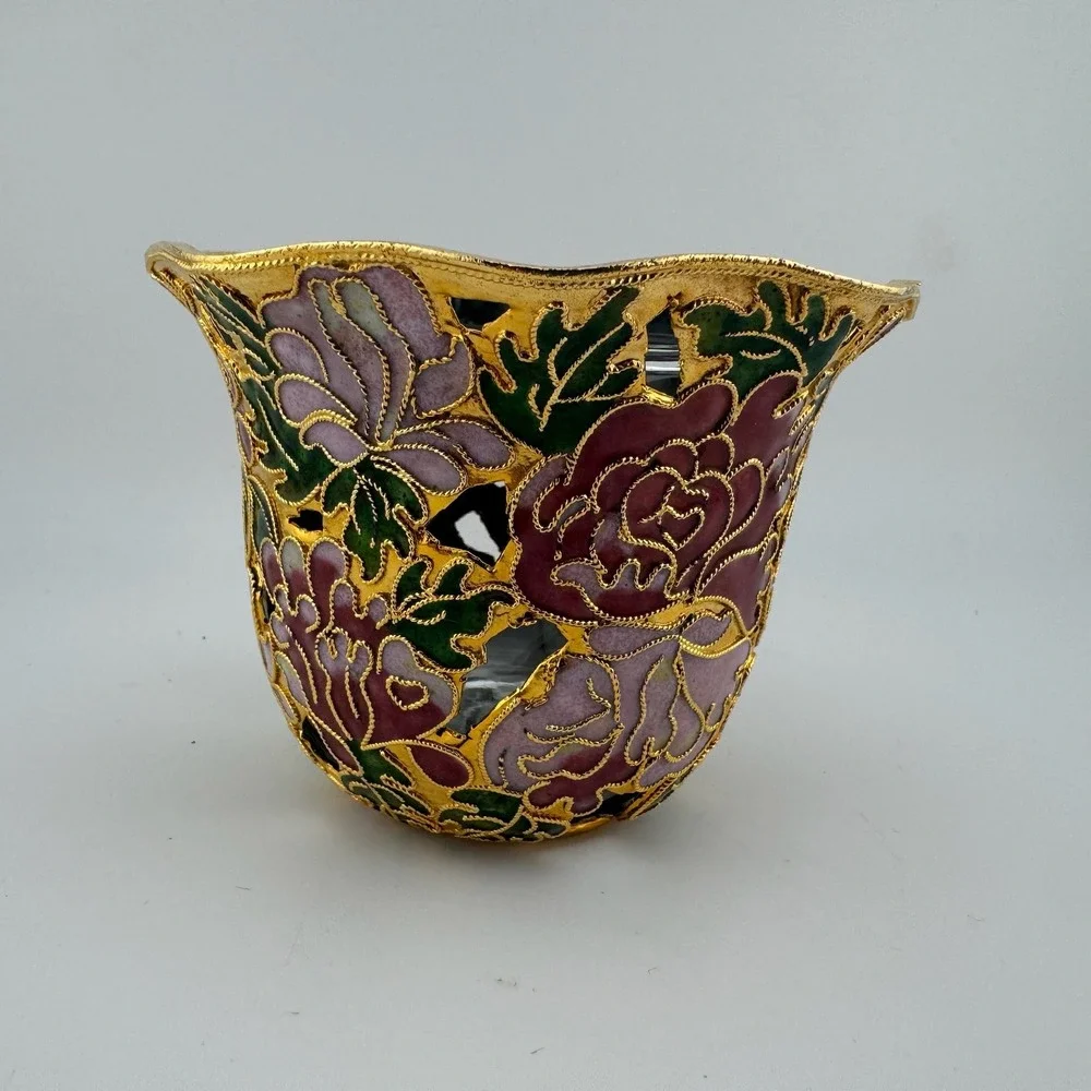 Cloisonne‎ Votive Candle Holder Small Gold Tone Floral Openwork